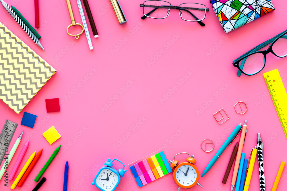 Education background, frame. School, student, office supplies. Stationery,  glasses, alarm clock, notebook on pink background top view copy space Stock  Photo | Adobe Stock