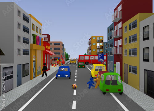Stadtansicht mit Verkehrssituation: Spielende Kinder. 3d render