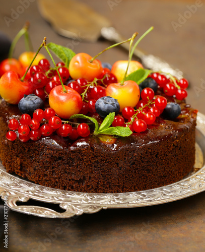 chocolate pie cake with berries dessert