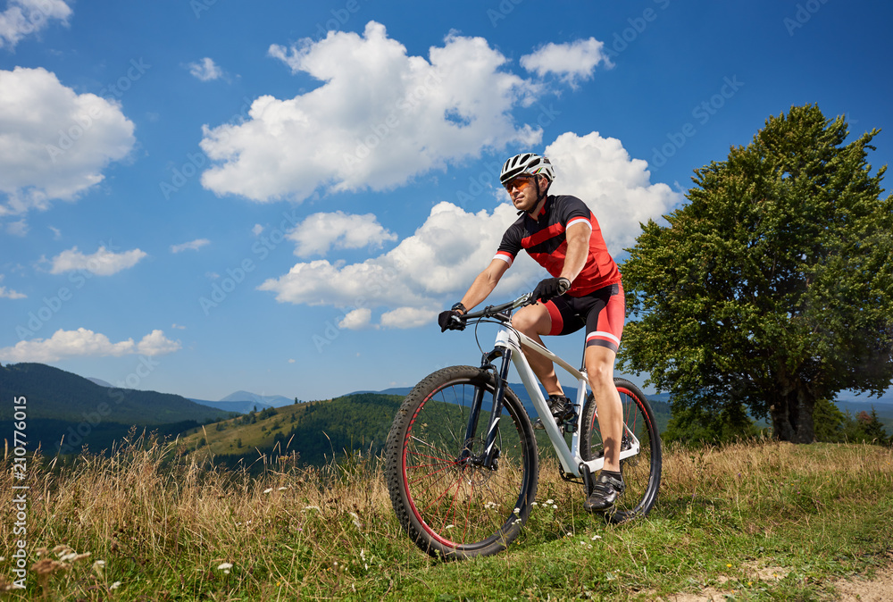Young athletic professional sportsman biker riding bike down the hill on distant mountains, big green tree and blue summer sky with white clouds background. Active lifestyle and extreme sport concept.