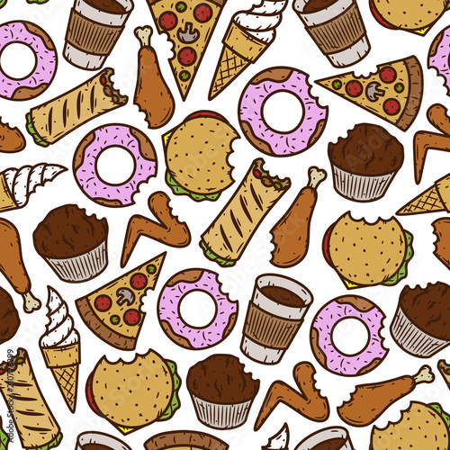 Seamless fast food pattern. Vector fast food pattern.