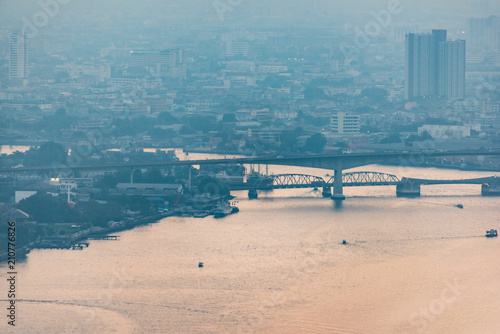 Aerial view of Bangkok cityscape and Chao Praya river