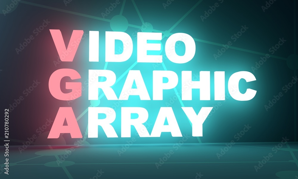 Acronym VGA - Video Graphic Array. Technology conceptual image. 3D rendering. Neon bulb illumination