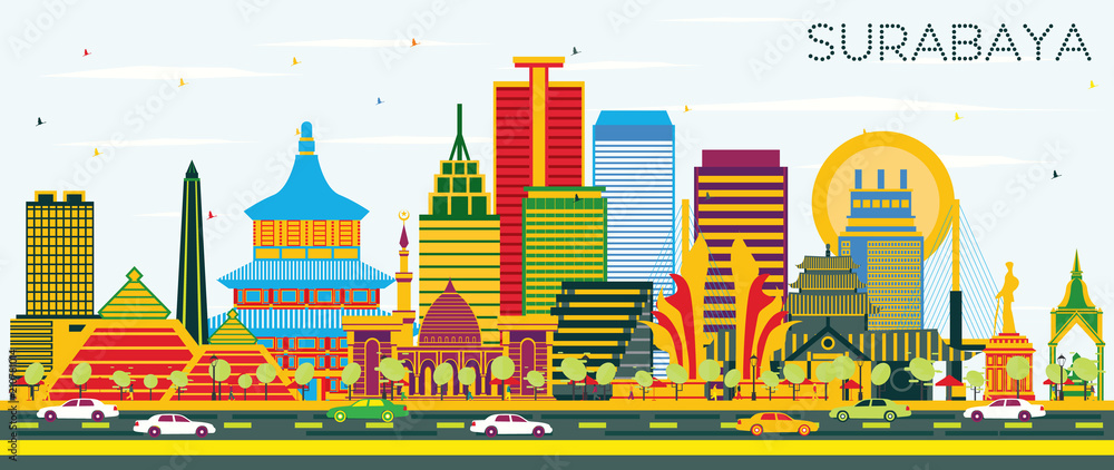 Εκτύπωση καμβά Surabaya Indonesia Skyline with Color Buildings and Blue Sky.