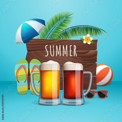 Summer beer poster. Two beer mugs on the summer background with wooden logo, palm trees, beach ball, umbrella, flip flops and sunglasses. Vector banner for beach bar.