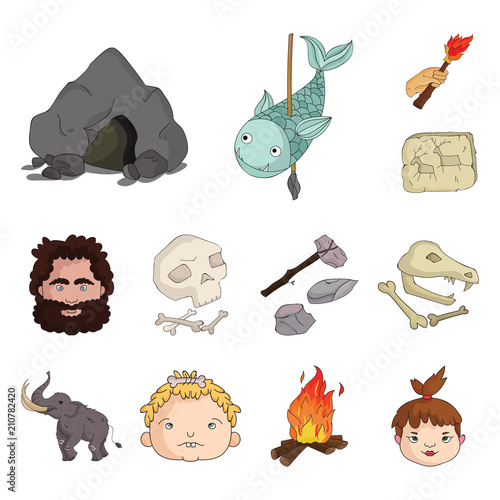 Life in the Stone Age cartoon icons in set collection for design. Ancient people vector symbol stock web illustration.