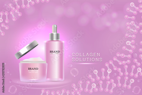 Beauty product, pink cosmetic containers with advertising background ready to use, luxury skin care ad, vector 3d illustration.	