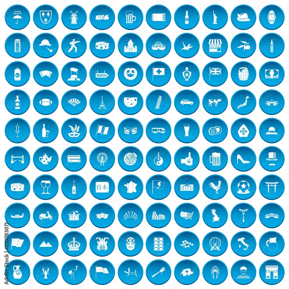 100 tourist attractions icons set in blue circle isolated on white vector illustration 100 tourist attractions icons set in blue circle isolated on white vector illustration