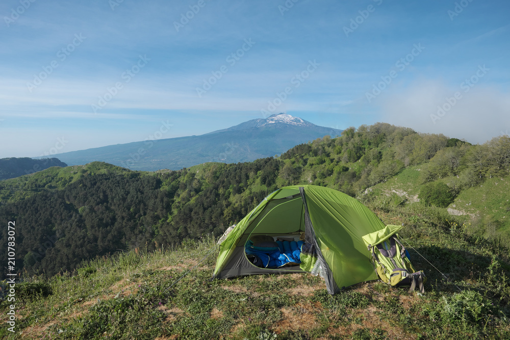 Green Tent On Meadow In Front Of Etna Volcano, Sicily