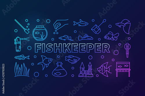 Fishkeeper vector colored horizontal banner in thin line style