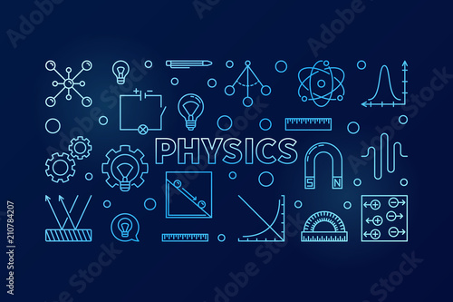 Physics vector blue horizontal banner. Science illustration