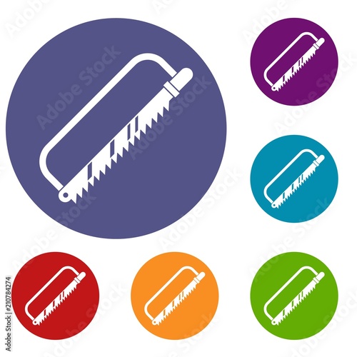 Sergical saw icons set in flat circle red, blue and green color for web