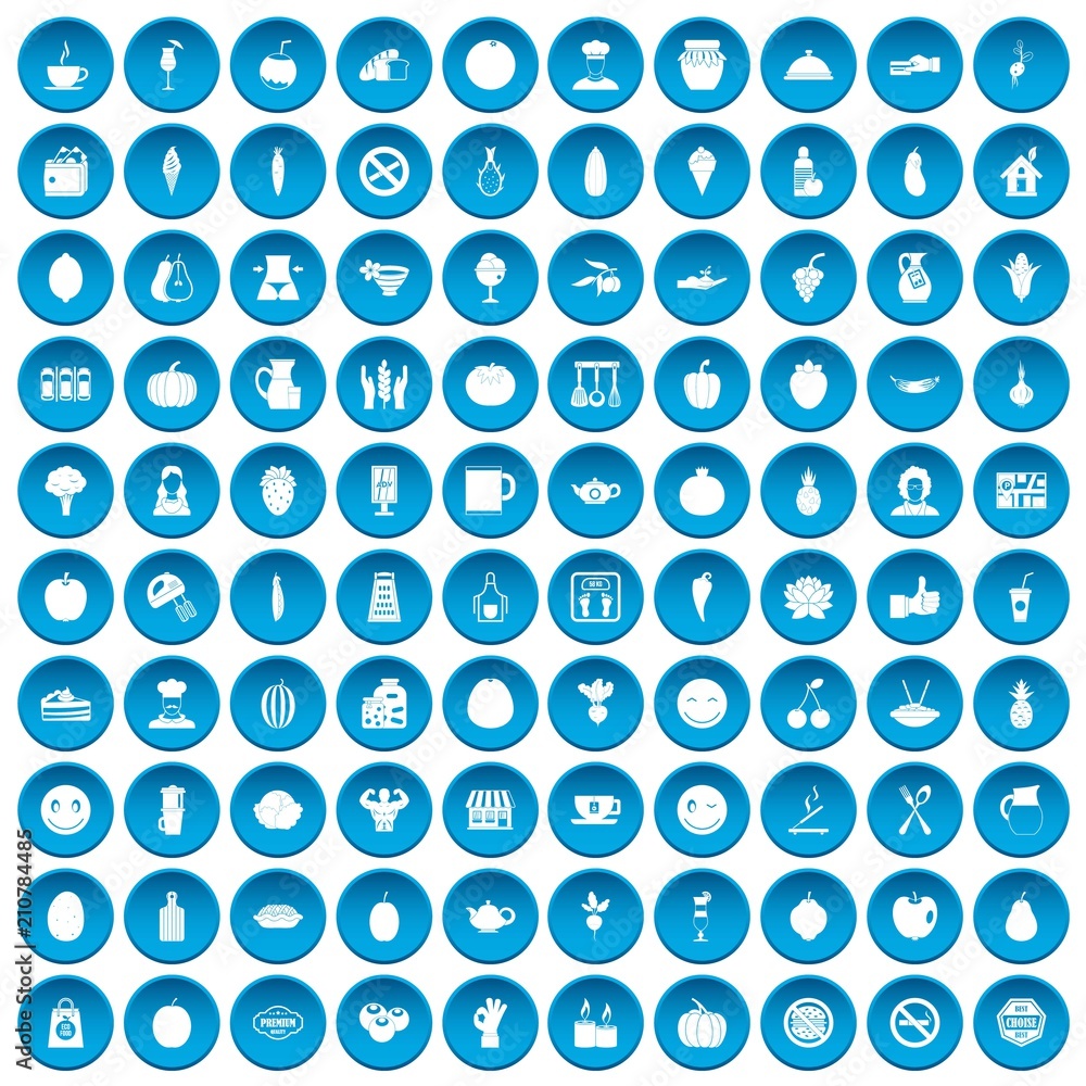 100 vegetarian cafe icons set in blue circle isolated on white vector illustration 100 vegetarian cafe icons set in blue circle isolated on white vector illustration