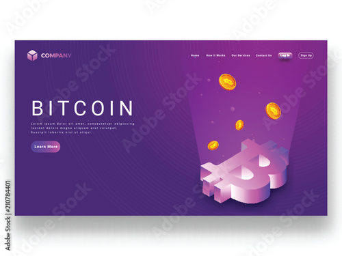 Digital rays coming from 3D bitcoin symbol on purple background, responsive landing page for Virtual currency concept.