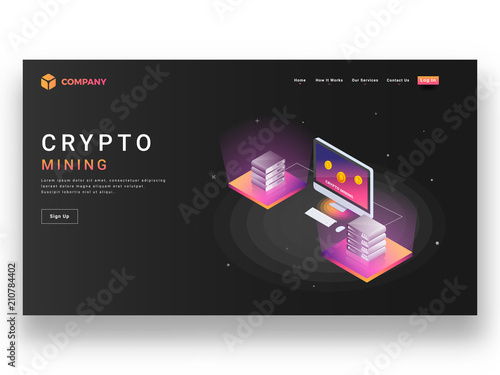 Responsive website template or landing page design with isometric view of desktop and servers for crypto mining concept.