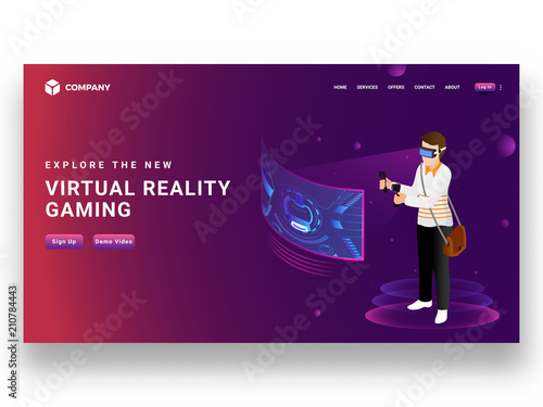 Boy wearing VR glasses playing video game with joystick, responsive landing page design for Virtual reality gaming concept.