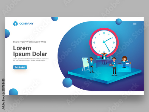 Time management concept landing page design with working business people and wall clock illustration on shiny blue background.