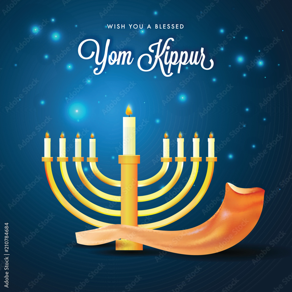 Menorah with burning candles and shofar horn on blue lights background for Yom  Kippur concept. Stock Vector | Adobe Stock