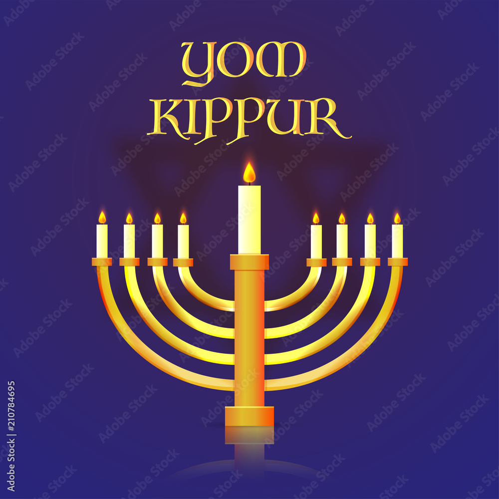 Yom Kippur banner or poster design, menorah with burning candles on blue  background. Stock Vector | Adobe Stock