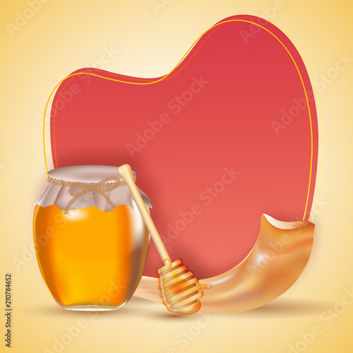 Blank red heart shape and dripper with honey jar, shofar horn on yellow glossy background.