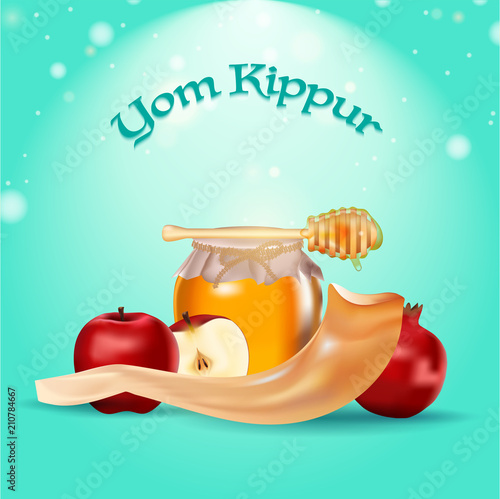 Yom Kippur banner or poster design, apple slice, pomegranate, dripper with honey jar and shofar horn on glossy blue blur background