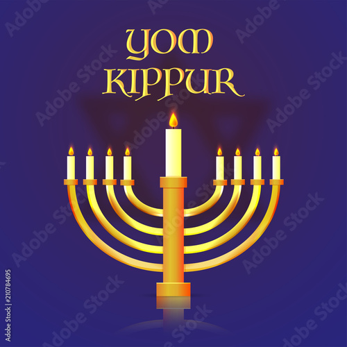 Yom Kippur banner or poster design, menorah with burning candles on blue background.