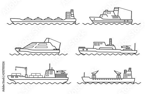 Set of scientific exploration ships. Sea research transportation vehicle. Ocean ship.