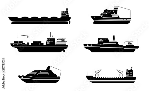 Set of scientific exploration ships. Sea research transportation vehicle. Ocean ship.