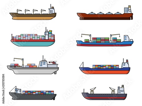 Set of commercial cargo ships. Sea transportation vehicle. Transport boat.