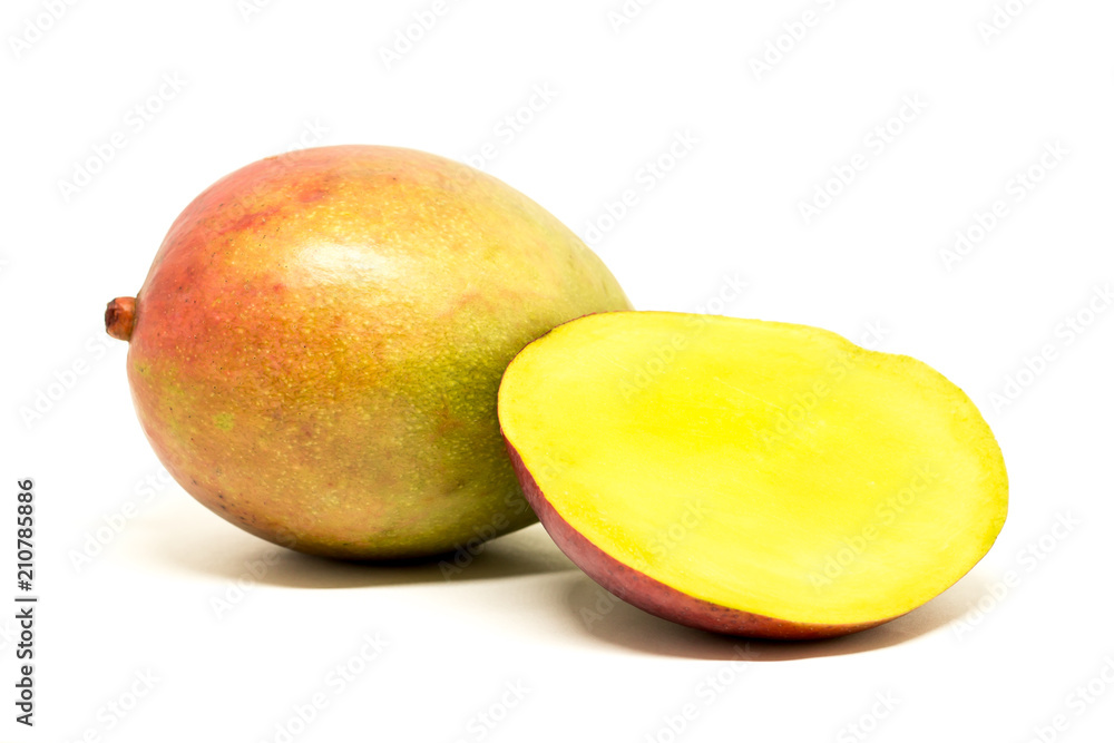 Macro of mangoes isolated on white backround. Half cut mango