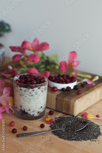 Chia pudding with cranberry on the white wooden background. Healthy breakfast, vitamin snack, diet and healthy eating