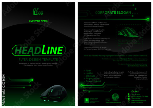 Dark Flyer Template with Computer Mouse - Black Background Illustration with Neon Illustrative Text and Graphic for Your Commercial Use, Vector