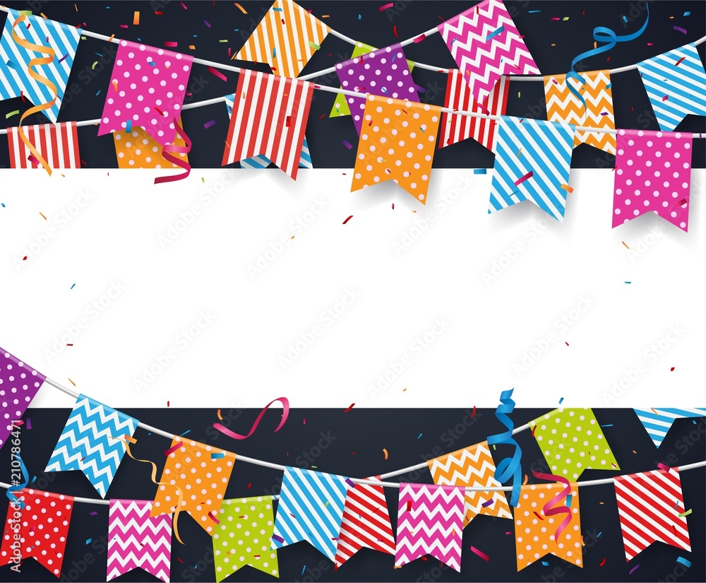 Obraz premium Colorful birthday background with bunting flags and confetti