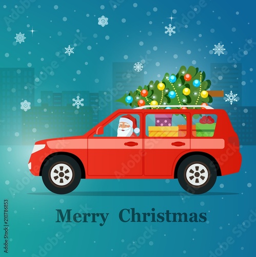 Red SUV with santa claus, christmas tree and gift boxes. Vector flat style illustration