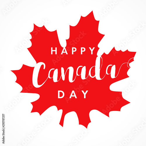 Happy Canada Day on maple leaf card. Canada Day, national holiday 1st of july with vector text on red maple leaf. Congratulating celebrating Canadian anniversary of independence of 1867 years
