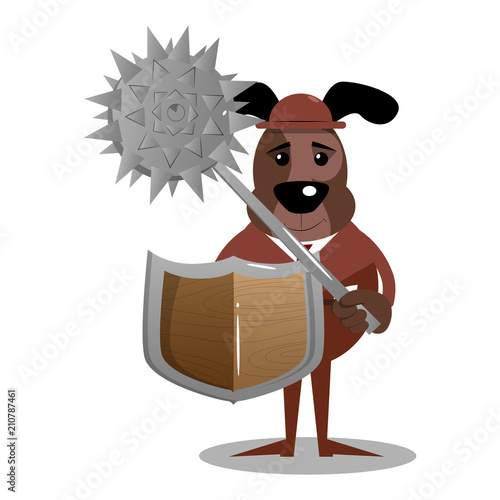 Cartoon illustrated business dog holding a spiked mace and shield.