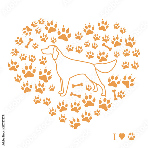 Setter silhouette on background of dog tracks and bones in the form of heart.