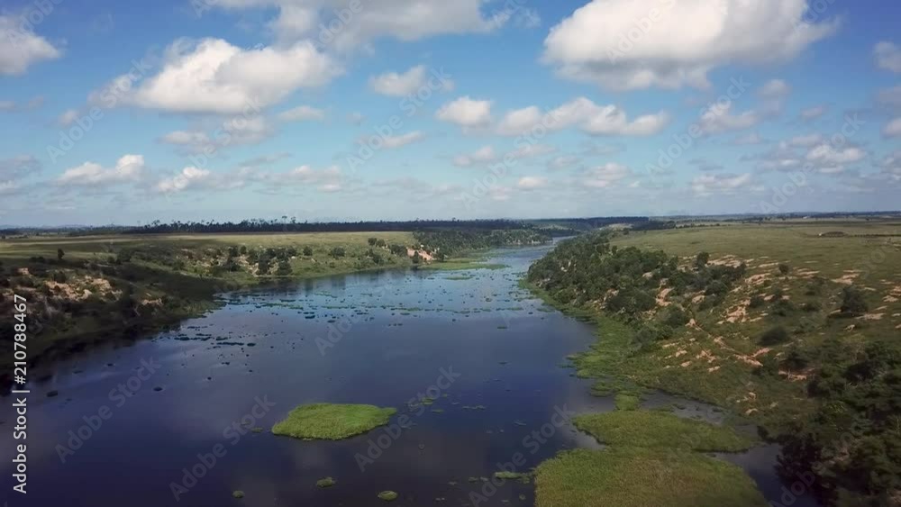 Beautiful slow aerial shot flying slowly over a vast swamp wetland in a rural countryside on a sunny day with blue sky Beautiful slow aerial shot flying slowly over a vast swamp wetland in a rural countryside on a sunny day with blue sky