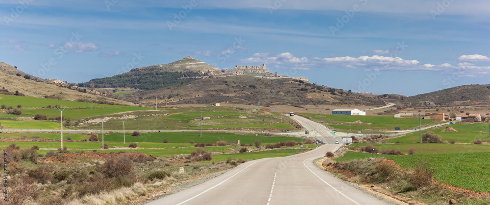 Panorama of a road leading to Atienza in Castilla-La Mancha, Spain