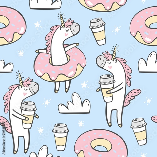Vector seamless pattern with cute unicorn, donuts and coffee