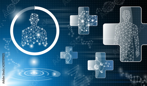 abstract background technology concept in blue light,brain and human body heal ,technology modern medical science in future and global international medical with tests analysis clone DNA human