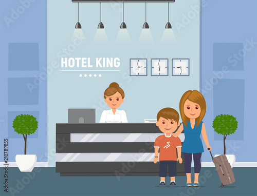 Hotel reception. Manager behind registration desk, mother and child with suitcases. Receptionist and guests. Hotel booking service concept. Vector illustration in flat style.
