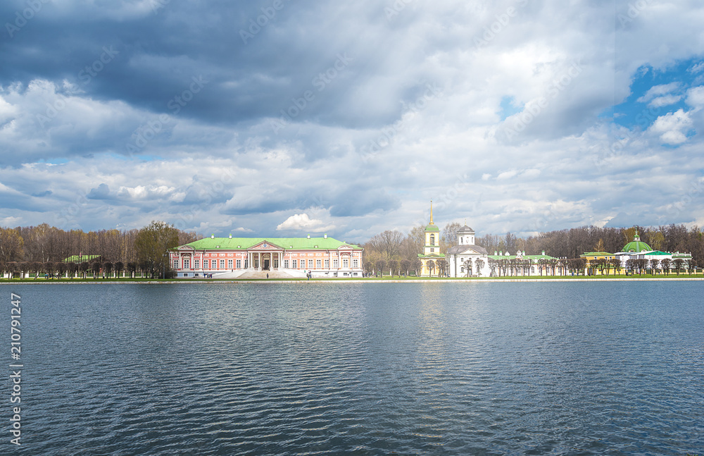 Beautiful view of palace and church Kuskovo ensemble from water