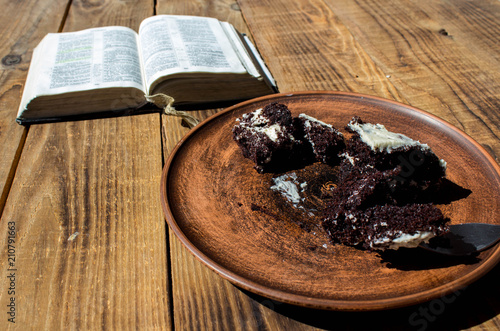 piece of chocolate cake on a plate and open book photo