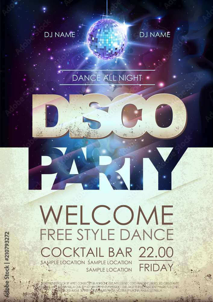 Disco ball background. Disco party poster on open space background Stock  Vector | Adobe Stock