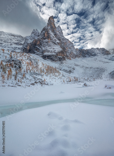 Sorapiss mountain peak in Dolomite Alps covered with snow. Italy, winter landscape. photo