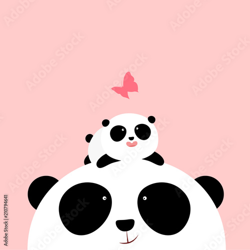 Vector Illustration: A cute cartoon little panda is lying on the head of his father / mother, looking at a butterfly. Happy Father's Day. Happy Mother's Day.
