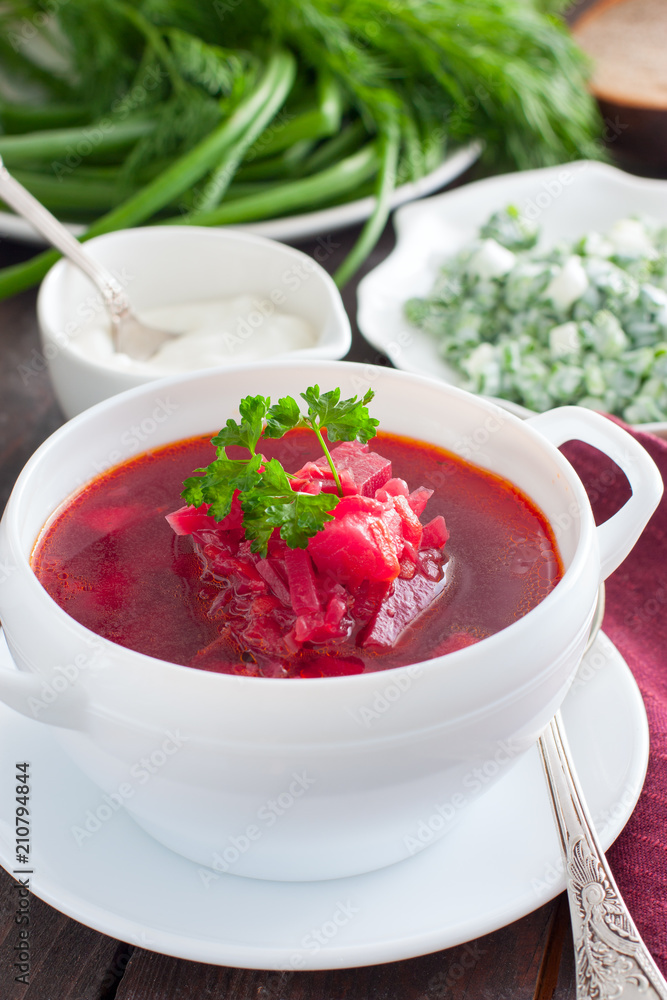 Vegetarian borsch with fresh herbs in a white serving plate, selective focus Vegetarian borsch with fresh herbs in a white serving plate, selective focus