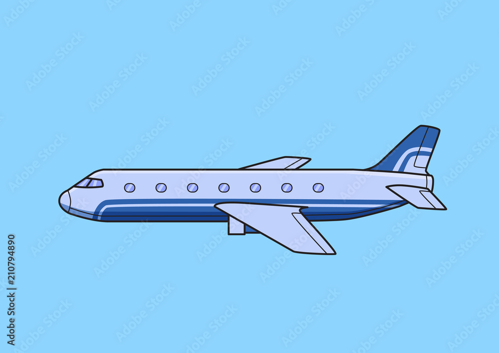 Blue commercial jetliner, aircraft, airplane. Flat vector illustration. Isolated on blue background