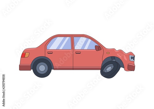 Smashed sedan car with dented front hood. Drive safe  don t drink. Flat vector illustration. Isolated on white background.